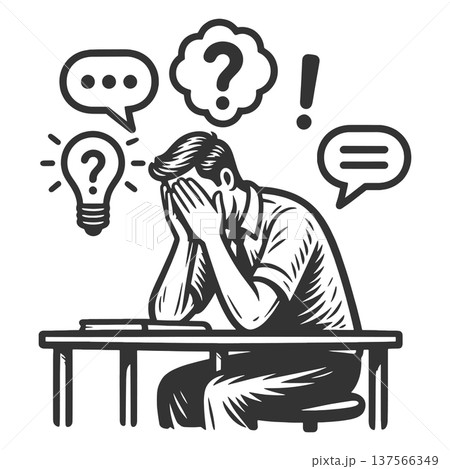 Stressed Man Thinking at Desk With Questions Stressed Man Thinking at Desk With Questions 137566349