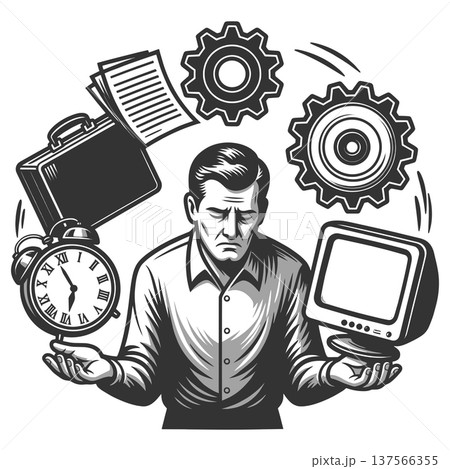 Overwhelmed Businessman Balancing Work and Technology 137566355