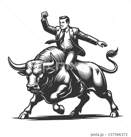 Businessman Riding Bull engraving sketch vector Businessman Riding Bull engraving sketch vector 137566372