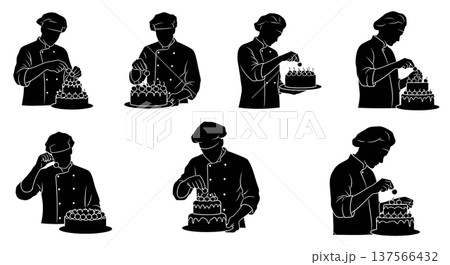 Black Solid Bakers Placing Cherries on Cakes Set of Six on White Background 137566432