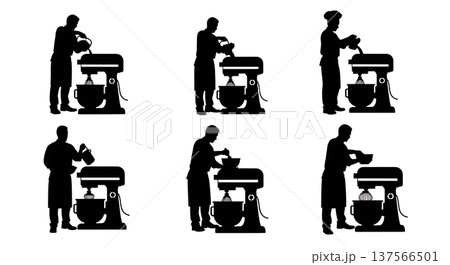 Black Solid Bakers Operating Industrial Mixers Set of Six on White Background Black Solid Bakers Operating Industrial Mixers Set of Six on White Background 137566501