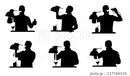 Black Solid Bartenders Smoking Cocktails Set of Six on White Background 137566520