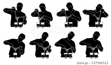 Black Solid Bartenders Split Pouring Drinks Set of Six on White Background 137566523