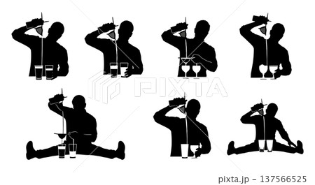 Black Solid Bartenders Split Pouring Drinks Set of Six on White Background Black Solid Bartenders Split Pouring Drinks Set of Six on White Background 137566525