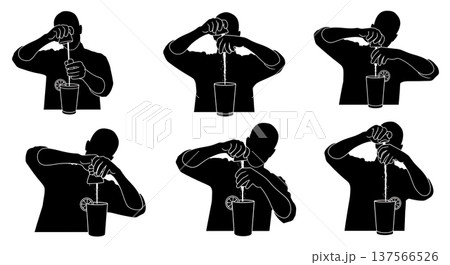 Black Solid Bartenders Squeezing Lime Wedges Set of Six on White Background Black Solid Bartenders Squeezing Lime Wedges Set of Six on White Background 137566526