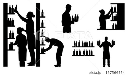 Black Solid Bartenders Restocking Bottles Set of Six on White Background Black Solid Bartenders Restocking Bottles Set of Six on White Background 137566554