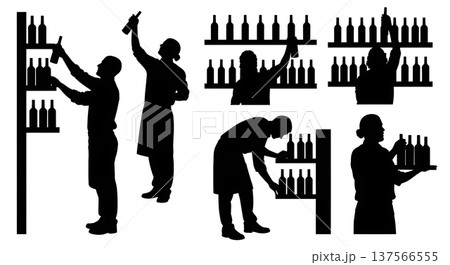 Black Solid Bartenders Restocking Bottles Set of Six on White Background 137566555