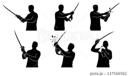 Black Solid Bartenders Sabering Champagne Set of Six on White Background Black Solid Bartenders Sabering Champagne Set of Six on White Background 137566562