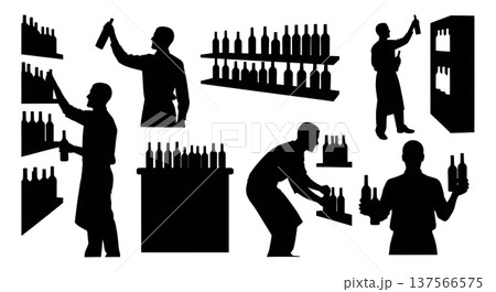 Black Solid Bartenders Restocking Bottles Set of Six on White Background 137566575