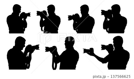 Black Solid Camera Shop Sales Pros with DSLRs Set of Six on White Background 137566625