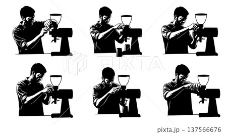 Black Solid Baristas Adjusting Grinder Silhouettes Set of Six on White Background Black Solid Baristas Adjusting Grinder Silhouettes Set of Six on White Background 137566676