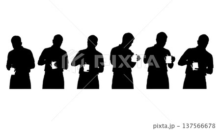 Black Solid Baristas Adjusting Steam Wand Silhouettes Set of Six on White Background Black Solid Baristas Adjusting Steam Wand Silhouettes Set of Six on White Background 137566678