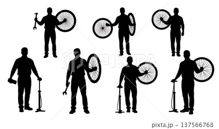 Black Solid Bicycle Shop Sales Mechanics Set of Six on White Background Black Solid Bicycle Shop Sales Mechanics Set of Six on White Background 137566768