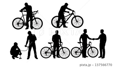 Black Solid Bicycle Showroom Mechanics Adjusting Set of Six on White Background Black Solid Bicycle Showroom Mechanics Adjusting Set of Six on White Background 137566770