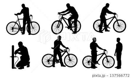 Black Solid Bicycle Showroom Mechanics Adjusting Set of Six on White Background Black Solid Bicycle Showroom Mechanics Adjusting Set of Six on White Background 137566772