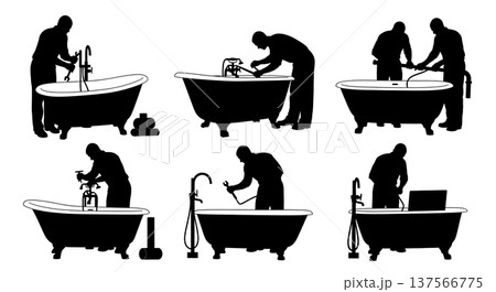 Black Solid Bathtub Showroom Plumbers Connecting Set of Six on White Background Black Solid Bathtub Showroom Plumbers Connecting Set of Six on White Background 137566775
