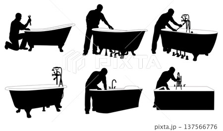 Black Solid Bathtub Showroom Plumbers Connecting Set of Six on White Background Black Solid Bathtub Showroom Plumbers Connecting Set of Six on White Background 137566776