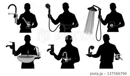 Black Solid Bathroom Fixture Showroom Attendants Set of Six on White Background Black Solid Bathroom Fixture Showroom Attendants Set of Six on White Background 137566790