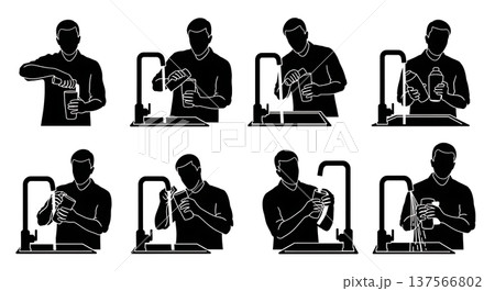 Black Solid Bartenders Washing Shakers Set of Six on White Background Black Solid Bartenders Washing Shakers Set of Six on White Background 137566802