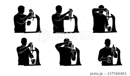 Black Solid Bartenders Waiting for Beer Foam Set of Six on White Background Black Solid Bartenders Waiting for Beer Foam Set of Six on White Background 137566861