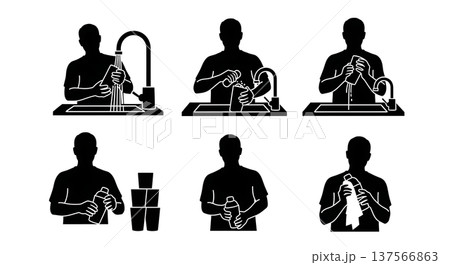 Black Solid Bartenders Washing Shakers Set of Six on White Background Black Solid Bartenders Washing Shakers Set of Six on White Background 137566863