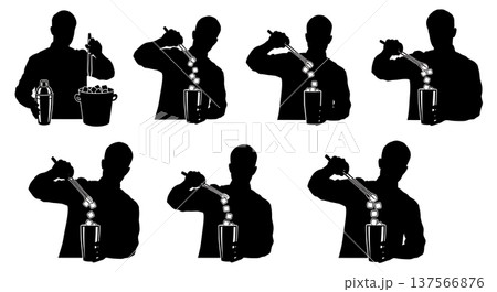 Black Solid Bartenders Using Ice Tongs Set of Six on White Background 137566876