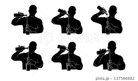 Black Solid Bartenders Using Jiggers Set of Six on White Background 137566882