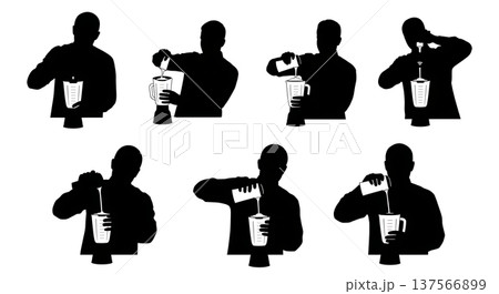 Black Solid Bartenders Using Blenders Set of Six on White Background 137566899