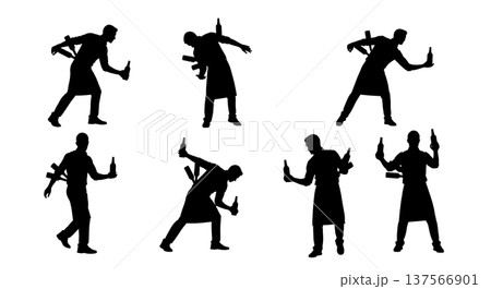 Black Solid Bartenders Throwing Bottles Behind Back Set of Six on White Background 137566901