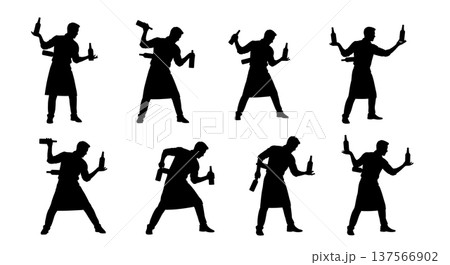 Black Solid Bartenders Throwing Bottles Behind Back Set of Six on White Background 137566902