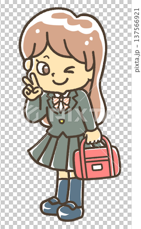 A female student in a blazer making a peace sign A female student in a blazer making a peace sign 137566921