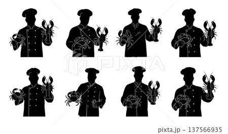Black Solid Chef Holding Lobster Silhouettes Set of Six Black Solid Chef Holding Lobster Silhouettes Set of Six 137566935