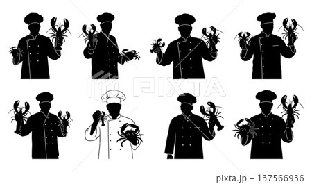 Black Solid Chef Holding Lobster Silhouettes Set of Six Black Solid Chef Holding Lobster Silhouettes Set of Six 137566936