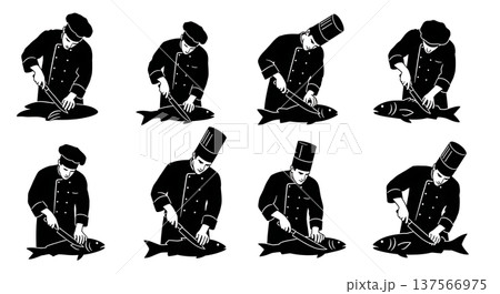 Black Solid Chef Filleting Fish Silhouettes Set of Six Black Solid Chef Filleting Fish Silhouettes Set of Six 137566975