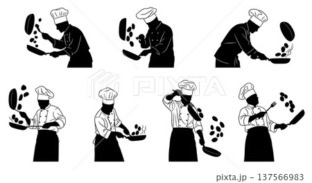 Black Solid Chef Flipping Pan Silhouettes Set of Six 137566983