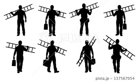 Black Solid Agents Carrying Ladder Silhouettes Set of Six Black Solid Agents Carrying Ladder Silhouettes Set of Six 137567054