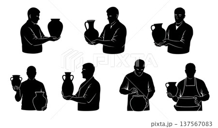 Black Solid Ceramic Showroom Potters with Vases Set of Six on White Background 137567083