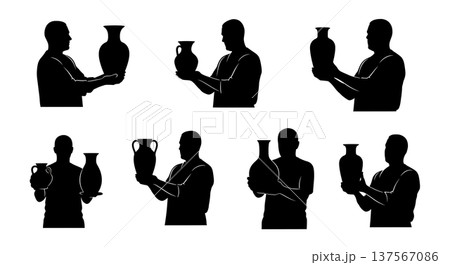 Black Solid Ceramic Showroom Potters with Vases Set of Six on White Background Black Solid Ceramic Showroom Potters with Vases Set of Six on White Background 137567086