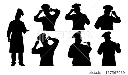 Black Solid Chef Adjusting Uniform Silhouettes Set of Six 137567089