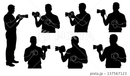 Black Solid Camera Showroom Pros with DSLRs Set of Six on White Background 137567123