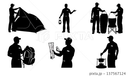 Black Solid Camping Gear Sales Reps Pitching Tents Set of Six on White Background 137567124