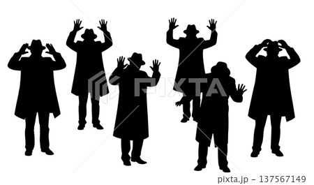 Black Solid Agents Hands Up Surrender Silhouettes Set of Six on White Background 137567149