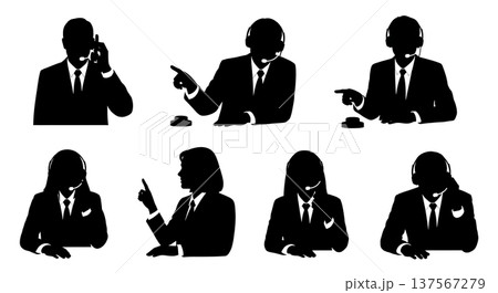 Black Solid Call Center Agents Putting Customers on Hold Silhouettes Set of Six on White Background 137567279