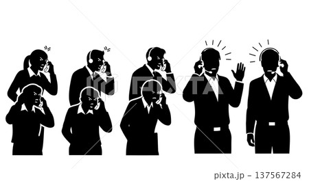 Black Solid Agents Reacting to Shouting Silhouettes Set of Six on White Background Black Solid Agents Reacting to Shouting Silhouettes Set of Six on White Background 137567284