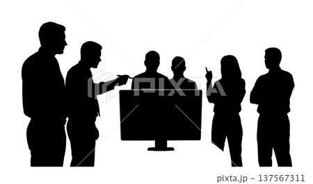 Black Solid Agents Pointing Pen at Screen Silhouettes Set of Six on White Background 137567311