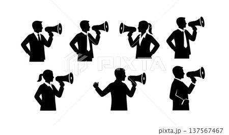 Black Solid Agents Holding Megaphone Silhouettes Set of Six 137567467
