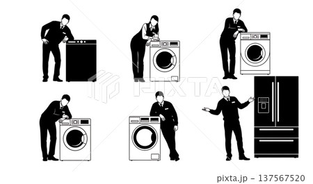 Black Solid Appliance Sales Agents with Fridges Set of Six on White Background 137567520