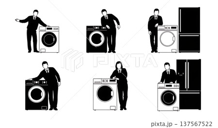 Black Solid Appliance Sales Agents with Fridges Set of Six on White Background Black Solid Appliance Sales Agents with Fridges Set of Six on White Background 137567522