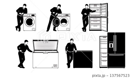 Black Solid Appliance Sales Agents with Fridges Set of Six on White Background Black Solid Appliance Sales Agents with Fridges Set of Six on White Background 137567523