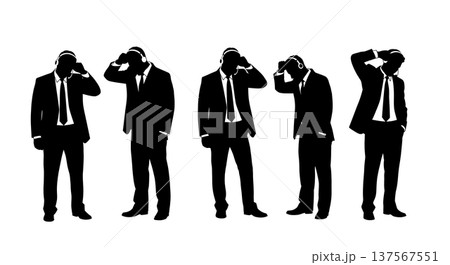 Black Solid Agents Wiping Sweat Silhouettes Set of Six on White Background Black Solid Agents Wiping Sweat Silhouettes Set of Six on White Background 137567551